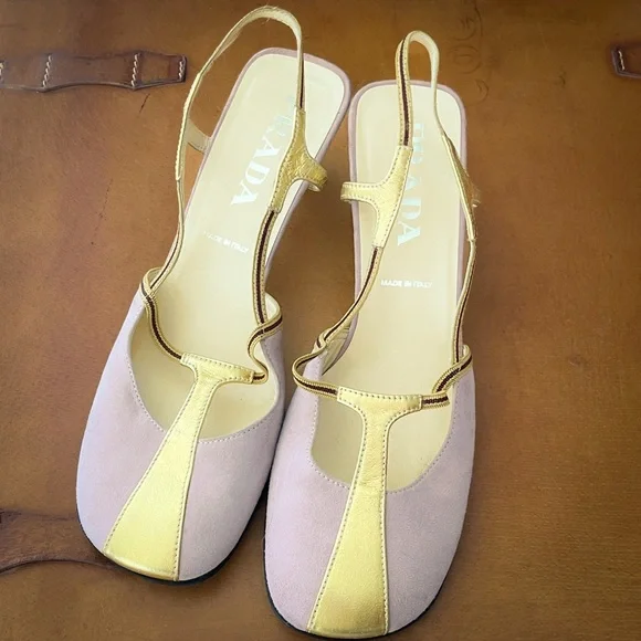 Prada Gold and Beige Slingback Kitten Heel - Picture 2 of 8